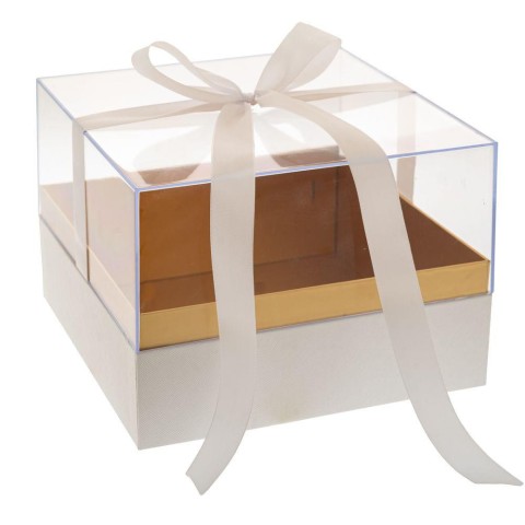 SCATOLA TRASPARENTE BASE BIANCA NASTRO 23X23X17CM